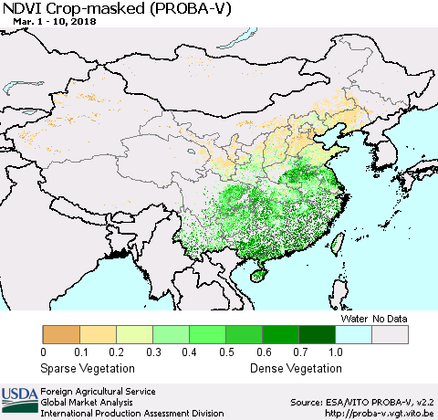 China, Mongolia and Taiwan NDVI Crop-masked (PROBA-V) Thematic Map For 3/1/2018 - 3/10/2018