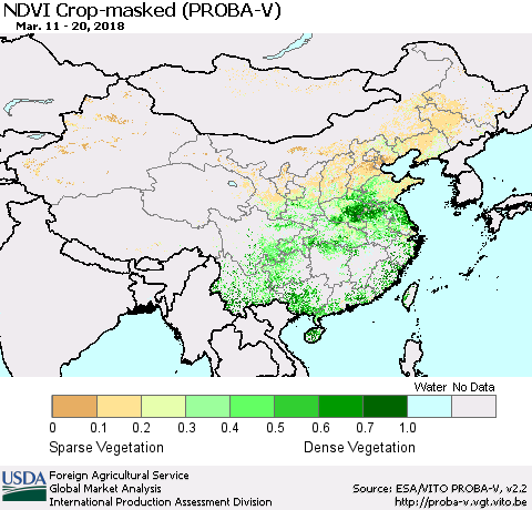 China, Mongolia and Taiwan NDVI Crop-masked (PROBA-V) Thematic Map For 3/11/2018 - 3/20/2018