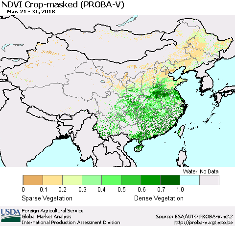China, Mongolia and Taiwan NDVI Crop-masked (PROBA-V) Thematic Map For 3/21/2018 - 3/31/2018