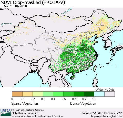 China, Mongolia and Taiwan NDVI Crop-masked (PROBA-V) Thematic Map For 4/1/2018 - 4/10/2018