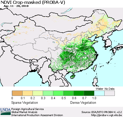China, Mongolia and Taiwan NDVI Crop-masked (PROBA-V) Thematic Map For 4/11/2018 - 4/20/2018