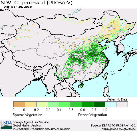 China, Mongolia and Taiwan NDVI Crop-masked (PROBA-V) Thematic Map For 4/21/2018 - 4/30/2018