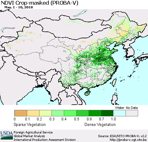 China, Mongolia and Taiwan NDVI Crop-masked (PROBA-V) Thematic Map For 5/1/2018 - 5/10/2018