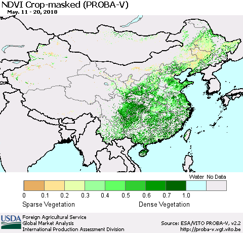 China, Mongolia and Taiwan NDVI Crop-masked (PROBA-V) Thematic Map For 5/11/2018 - 5/20/2018