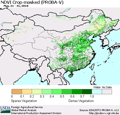 China, Mongolia and Taiwan NDVI Crop-masked (PROBA-V) Thematic Map For 5/21/2018 - 5/31/2018