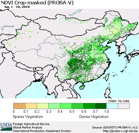 China, Mongolia and Taiwan NDVI Crop-masked (PROBA-V) Thematic Map For 6/1/2018 - 6/10/2018
