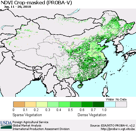 China, Mongolia and Taiwan NDVI Crop-masked (PROBA-V) Thematic Map For 6/11/2018 - 6/20/2018