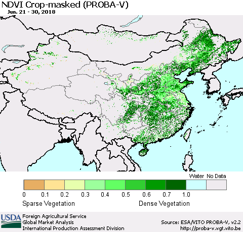 China, Mongolia and Taiwan NDVI Crop-masked (PROBA-V) Thematic Map For 6/21/2018 - 6/30/2018