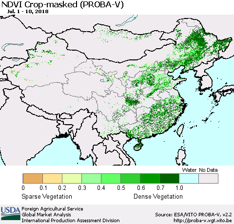 China, Mongolia and Taiwan NDVI Crop-masked (PROBA-V) Thematic Map For 7/1/2018 - 7/10/2018