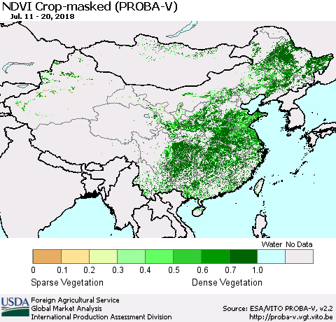 China, Mongolia and Taiwan NDVI Crop-masked (PROBA-V) Thematic Map For 7/11/2018 - 7/20/2018