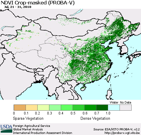 China, Mongolia and Taiwan NDVI Crop-masked (PROBA-V) Thematic Map For 7/21/2018 - 7/31/2018