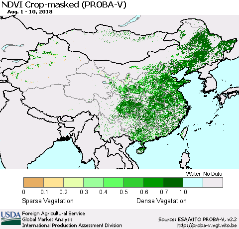 China, Mongolia and Taiwan NDVI Crop-masked (PROBA-V) Thematic Map For 8/1/2018 - 8/10/2018
