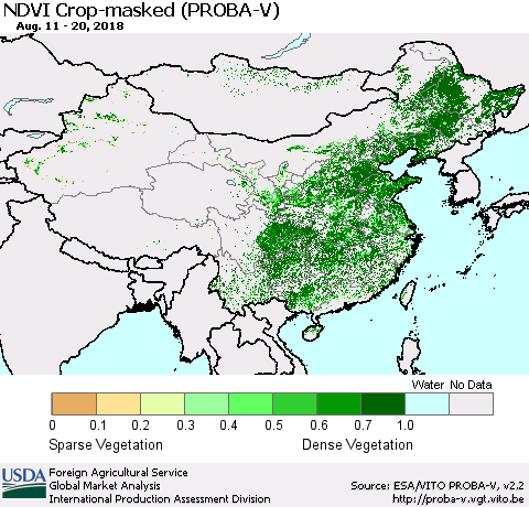 China, Mongolia and Taiwan NDVI Crop-masked (PROBA-V) Thematic Map For 8/11/2018 - 8/20/2018