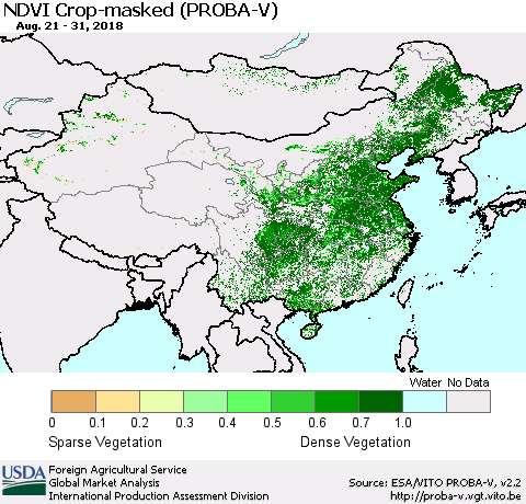 China, Mongolia and Taiwan NDVI Crop-masked (PROBA-V) Thematic Map For 8/21/2018 - 8/31/2018