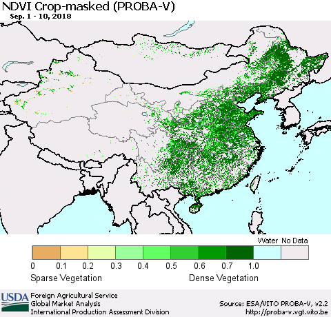China, Mongolia and Taiwan NDVI Crop-masked (PROBA-V) Thematic Map For 9/1/2018 - 9/10/2018