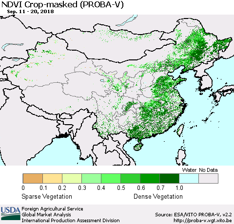 China, Mongolia and Taiwan NDVI Crop-masked (PROBA-V) Thematic Map For 9/11/2018 - 9/20/2018