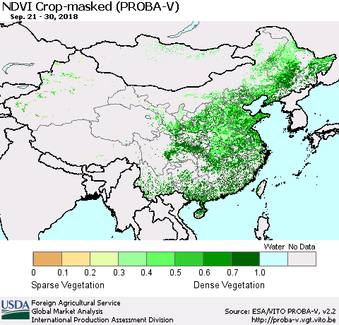 China, Mongolia and Taiwan NDVI Crop-masked (PROBA-V) Thematic Map For 9/21/2018 - 9/30/2018