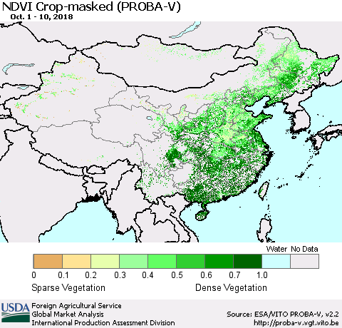 China, Mongolia and Taiwan NDVI Crop-masked (PROBA-V) Thematic Map For 10/1/2018 - 10/10/2018