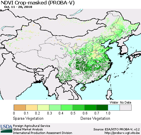 China, Mongolia and Taiwan NDVI Crop-masked (PROBA-V) Thematic Map For 10/11/2018 - 10/20/2018