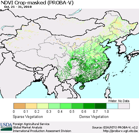 China, Mongolia and Taiwan NDVI Crop-masked (PROBA-V) Thematic Map For 10/21/2018 - 10/31/2018