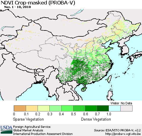 China, Mongolia and Taiwan NDVI Crop-masked (PROBA-V) Thematic Map For 11/1/2018 - 11/10/2018