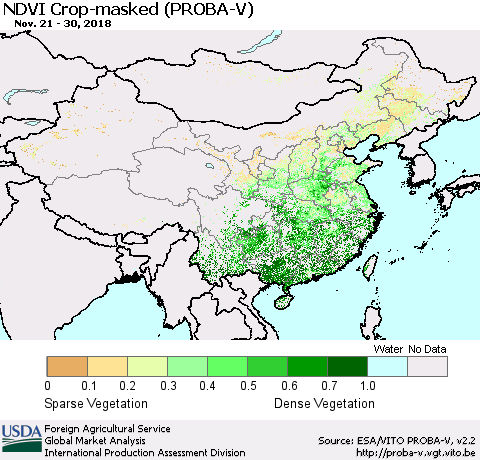 China, Mongolia and Taiwan NDVI Crop-masked (PROBA-V) Thematic Map For 11/21/2018 - 11/30/2018