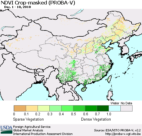 China, Mongolia and Taiwan NDVI Crop-masked (PROBA-V) Thematic Map For 12/1/2018 - 12/10/2018