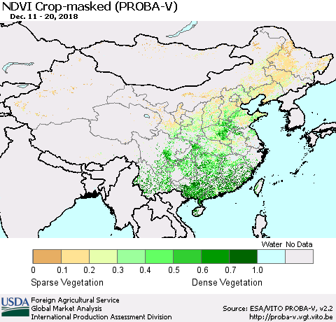 China, Mongolia and Taiwan NDVI Crop-masked (PROBA-V) Thematic Map For 12/11/2018 - 12/20/2018