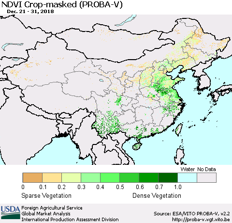 China, Mongolia and Taiwan NDVI Crop-masked (PROBA-V) Thematic Map For 12/21/2018 - 12/31/2018
