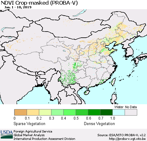 China, Mongolia and Taiwan NDVI Crop-masked (PROBA-V) Thematic Map For 1/1/2019 - 1/10/2019