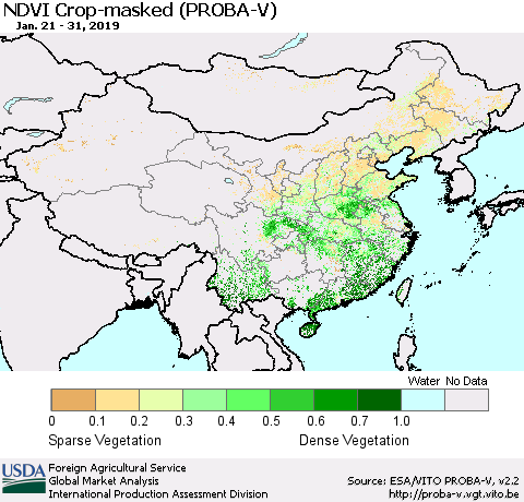 China, Mongolia and Taiwan NDVI Crop-masked (PROBA-V) Thematic Map For 1/21/2019 - 1/31/2019