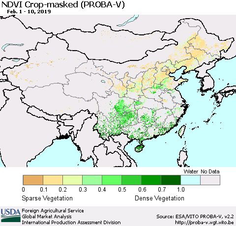 China, Mongolia and Taiwan NDVI Crop-masked (PROBA-V) Thematic Map For 2/1/2019 - 2/10/2019