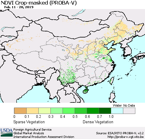 China, Mongolia and Taiwan NDVI Crop-masked (PROBA-V) Thematic Map For 2/11/2019 - 2/20/2019