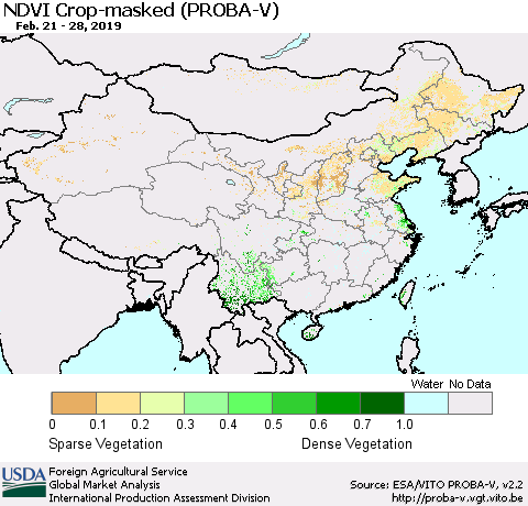 China, Mongolia and Taiwan NDVI Crop-masked (PROBA-V) Thematic Map For 2/21/2019 - 2/28/2019