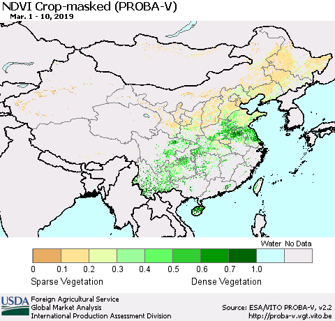 China, Mongolia and Taiwan NDVI Crop-masked (PROBA-V) Thematic Map For 3/1/2019 - 3/10/2019