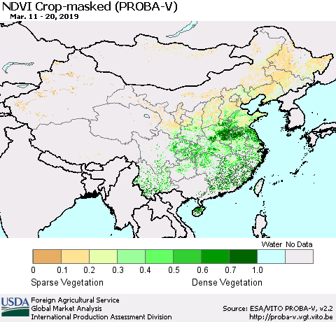 China, Mongolia and Taiwan NDVI Crop-masked (PROBA-V) Thematic Map For 3/11/2019 - 3/20/2019