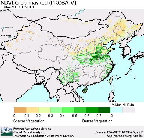 China, Mongolia and Taiwan NDVI Crop-masked (PROBA-V) Thematic Map For 3/21/2019 - 3/31/2019