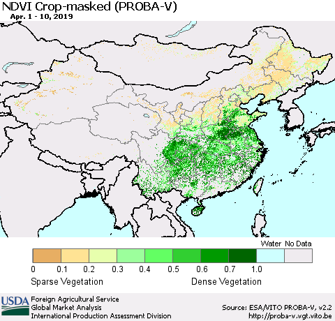 China, Mongolia and Taiwan NDVI Crop-masked (PROBA-V) Thematic Map For 4/1/2019 - 4/10/2019