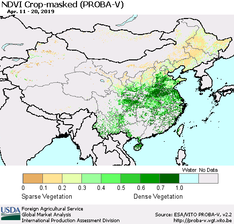 China, Mongolia and Taiwan NDVI Crop-masked (PROBA-V) Thematic Map For 4/11/2019 - 4/20/2019
