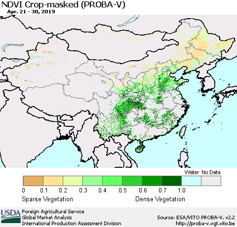 China, Mongolia and Taiwan NDVI Crop-masked (PROBA-V) Thematic Map For 4/21/2019 - 4/30/2019