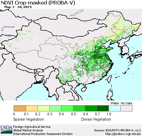 China, Mongolia and Taiwan NDVI Crop-masked (PROBA-V) Thematic Map For 5/1/2019 - 5/10/2019
