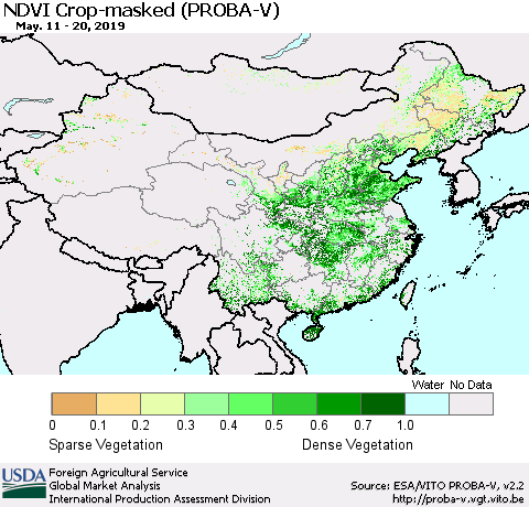 China, Mongolia and Taiwan NDVI Crop-masked (PROBA-V) Thematic Map For 5/11/2019 - 5/20/2019