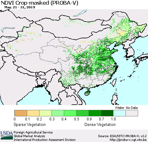 China, Mongolia and Taiwan NDVI Crop-masked (PROBA-V) Thematic Map For 5/21/2019 - 5/31/2019