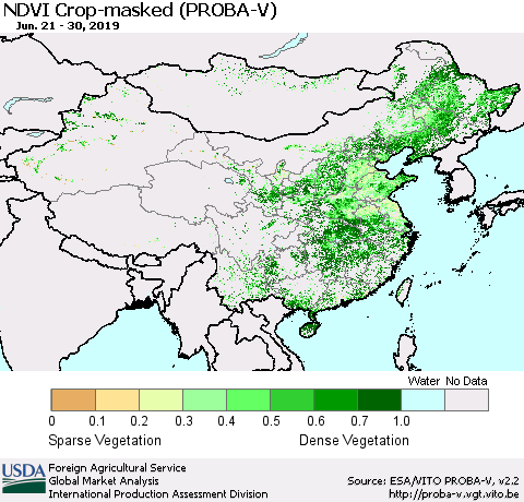 China, Mongolia and Taiwan NDVI Crop-masked (PROBA-V) Thematic Map For 6/21/2019 - 6/30/2019