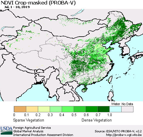 China, Mongolia and Taiwan NDVI Crop-masked (PROBA-V) Thematic Map For 7/1/2019 - 7/10/2019