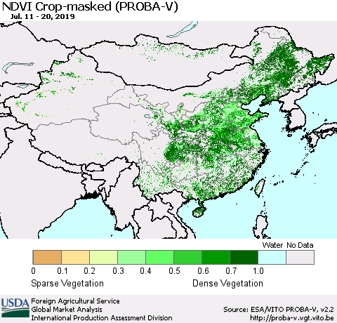 China, Mongolia and Taiwan NDVI Crop-masked (PROBA-V) Thematic Map For 7/11/2019 - 7/20/2019