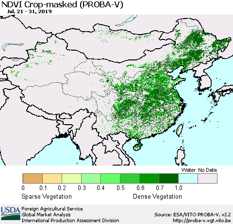 China, Mongolia and Taiwan NDVI Crop-masked (PROBA-V) Thematic Map For 7/21/2019 - 7/31/2019