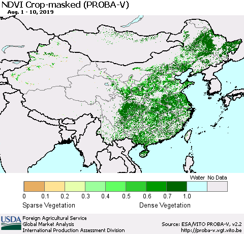 China, Mongolia and Taiwan NDVI Crop-masked (PROBA-V) Thematic Map For 8/1/2019 - 8/10/2019
