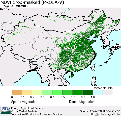 China, Mongolia and Taiwan NDVI Crop-masked (PROBA-V) Thematic Map For 8/11/2019 - 8/20/2019