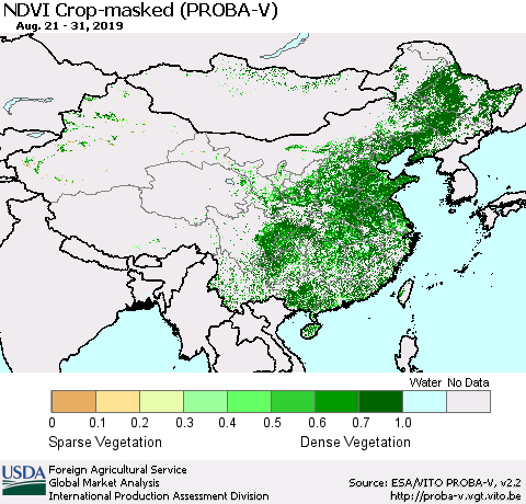 China, Mongolia and Taiwan NDVI Crop-masked (PROBA-V) Thematic Map For 8/21/2019 - 8/31/2019